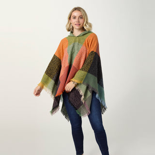 Copacabana Hooded Poncho - Green/Autumn Orange