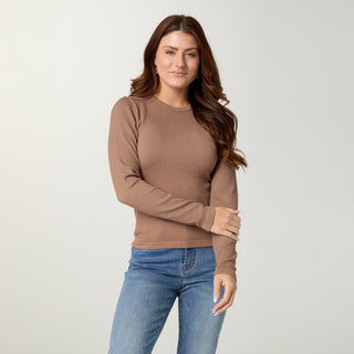 Ultra-Lush Seamless Ribbed Crew Neck Top - Tan