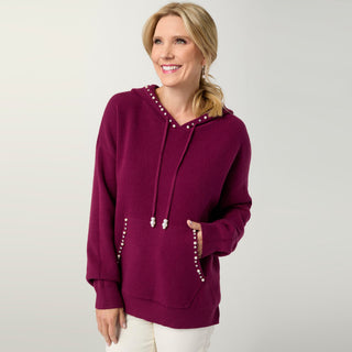 Heavenly-Luxe Embellished Hooded Sweater - Rich Wine