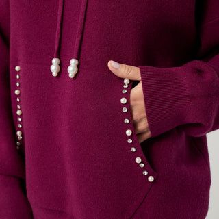Heavenly-Luxe Embellished Hooded Sweater - Rich Wine