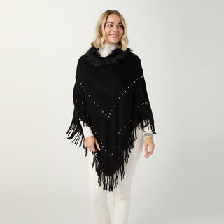 Shirin Poncho with Faux Fur Collar - Black
