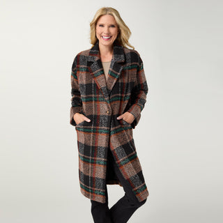 Kiley Plaid Single Button Coat - Black/Autumn Orange/Green