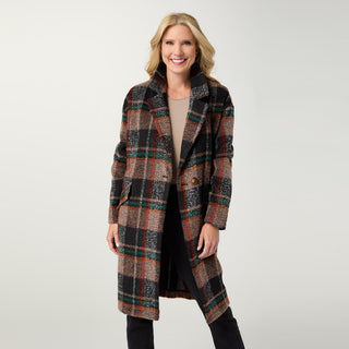 Kiley Plaid Single Button Coat - Black/Autumn Orange/Green