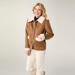 Maverick Faux Suede Jacket with Sherpa Trim - Camel
