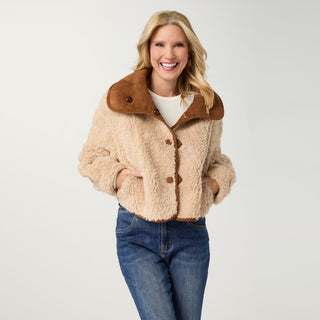 Harbor Reversible Curly Faux Lamb and Suede Jacket - Camel