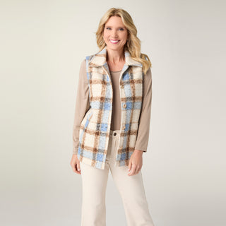 Deidre Plaid Sherpa Vest - Dusty Blue/Brown/Cream