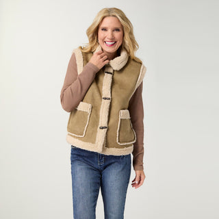 Castello Faux Suede Vest with Sherpa Trim - Olive