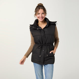 Moriah Hooded Puffer Vest with Ties - Black