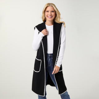 Heavenly-Luxe Long Vest with Contrast Trim - Black/White