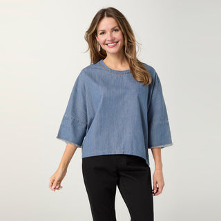 Elly 3/4 Sleeve Top with Fringe - Light Denim