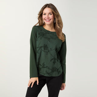 Imperia Long Sleeve Top with Floral Applique - Hunter Green