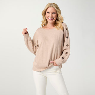 Hedy Long Sleeve Top with Button Detail - Beige Heather