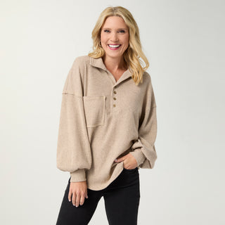 Seine Long Sleeve Ribbed Top - Beige Heather