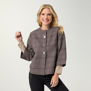 Skye 3/4 Sleeve Plaid Blazer Top - Brown