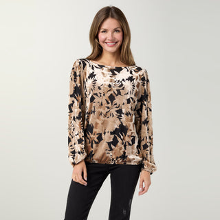 Portia Long Sleeve Burnout Velour Top - Tan/Black