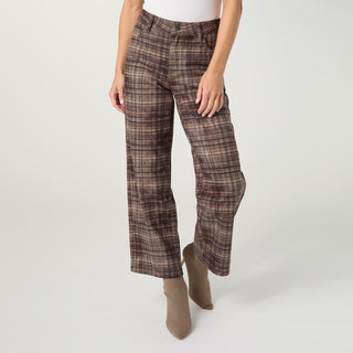 Tempy Sueded Twill Wide Leg Pant - Brown Plaid