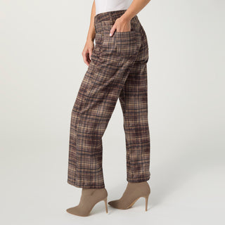 Tempy Sueded Twill Wide Leg Pant - Brown Plaid