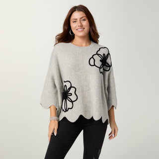 Taline Relaxed Fit Sweater with Flower - Light Heather Grey/Black