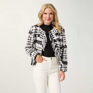 Geneva Open Cardigan with Fringe - Black/White