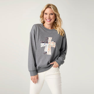 Abigail Crew Neck Sweatshirt with Quilted Cross - Grey