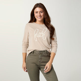Faith Long Sleeve Crew Neck Top - Beige Heather/Cream