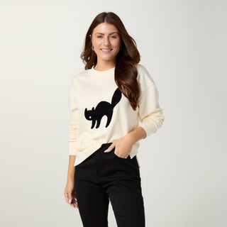 Cat Sweatshirt with Side Slit - Cream