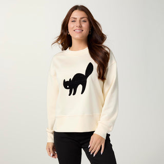 Cat Sweatshirt with Side Slit - Cream