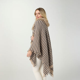 Aliyah Striped Sweater Wrap with Faux Fur - Taupe/Grey