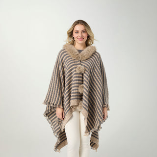 Aliyah Striped Sweater Wrap with Faux Fur - Taupe/Grey