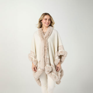 Andy Fair Isle Knit Wrap with Faux Fur - Winter White/Taupe