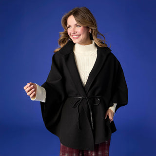 Juliet Faux Wool Wrap with Leather Tie - Black