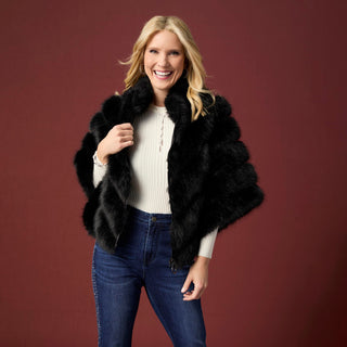 Serenity Faux Fur Zip Front Cape Wrap - Black
