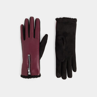 Vegan Leather Zip Touchscreen Gloves - Burgundy