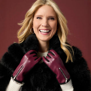 Vegan Leather Zip Touchscreen Gloves - Cream