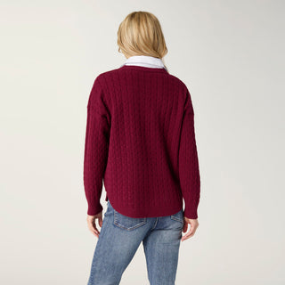Heavenly-Luxe Cable Knit Sweater with Woven Collar - Burgundy
