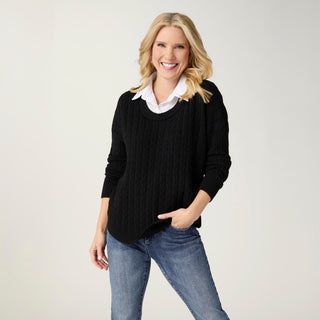 Heavenly-Luxe Cable Knit Sweater with Woven Collar - Black