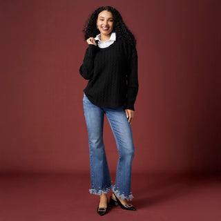 Heavenly-Luxe Cable Knit Sweater with Woven Collar - Black