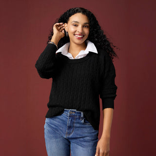 Heavenly-Luxe Cable Knit Sweater with Woven Collar - Black