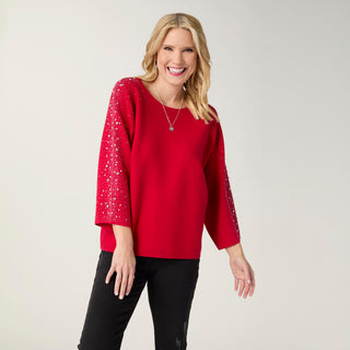 Heavenly-Luxe Dolman Sweater with Rhinestones - Tango Red