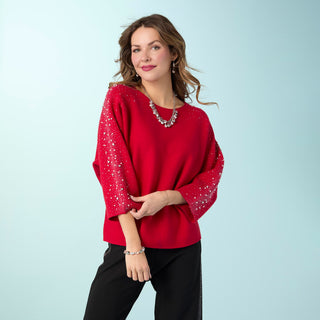 Heavenly-Luxe Dolman Sweater with Rhinestones - Tango Red