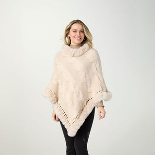 Amira Cable Knit Poncho with Faux Fur - Winter White