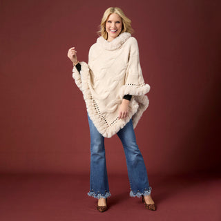 Amira Cable Knit Poncho with Faux Fur - Winter White