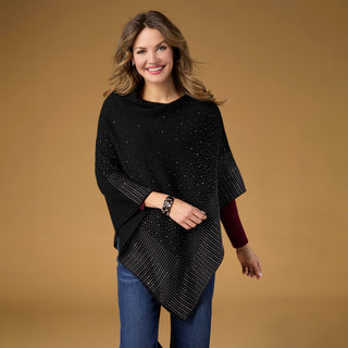 Anastasia Envelope Neck Poncho with Rhinestones - Black