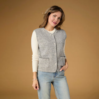Alana Metallic Vest with Faux Pearls - Grey