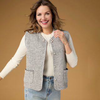 Alana Metallic Vest with Faux Pearls - Grey