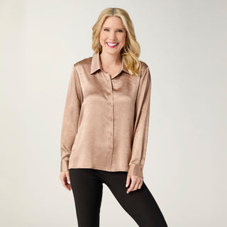Maryann Metallic Crinkle Button Front Shirt - Bronze
