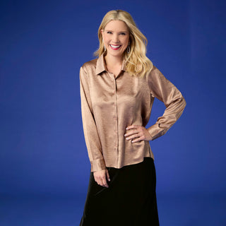 Maryann Metallic Crinkle Button Front Shirt - Bronze