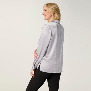 Maryann Metallic Crinkle Button Front Shirt - Silver