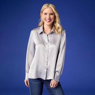 Maryann Metallic Crinkle Button Front Shirt - Silver
