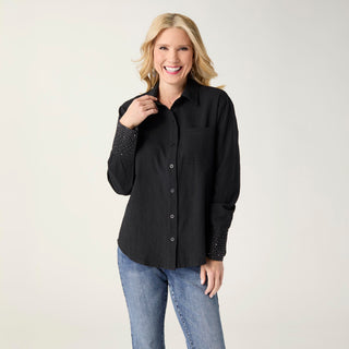 Raya Rhinestone Cuff Button Front Shirt - Black